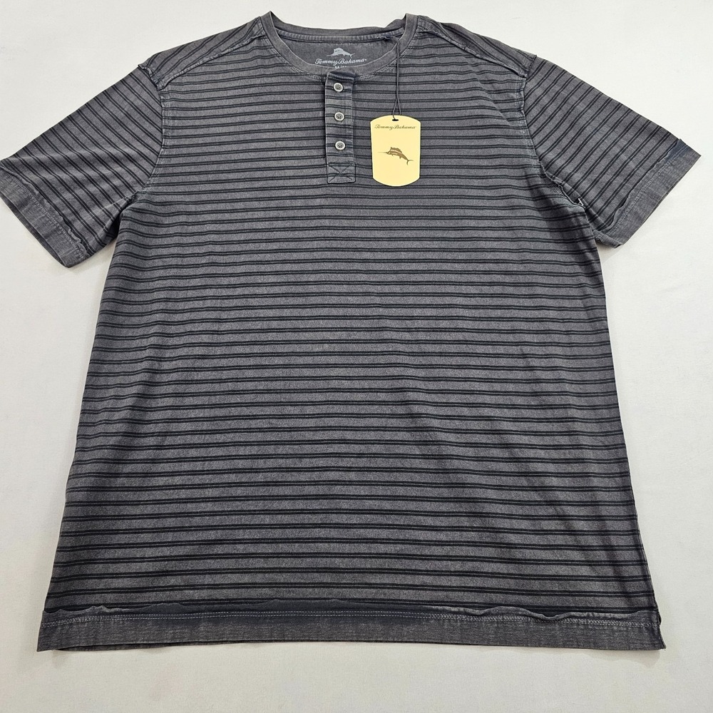 Tommy Bahama polo henley t-shirt M Medium grey striped onyx ST225445RA mens